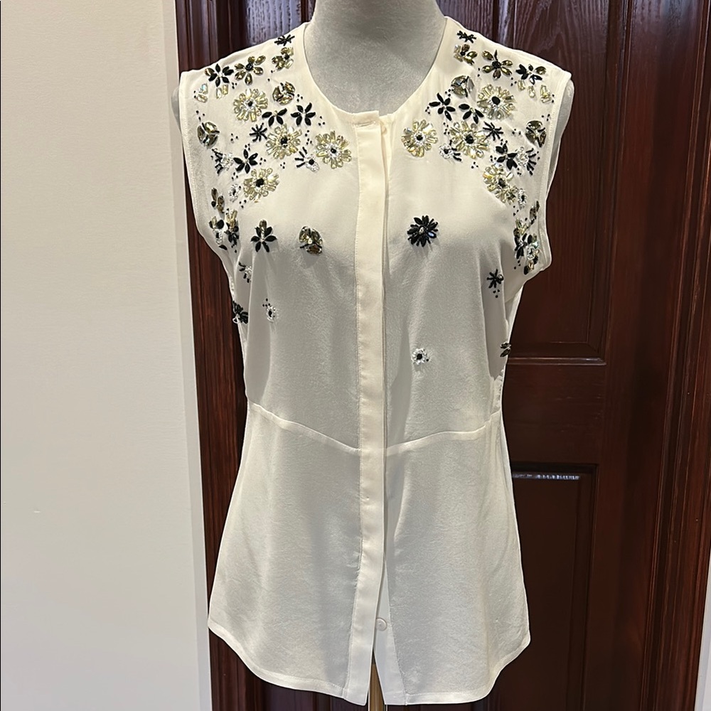 Weekend Max Mara Cream Embellished Blouse with Mandarin Collar